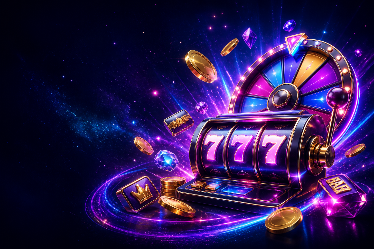 Neon 777 slot machine with prize wheel, coins and gems